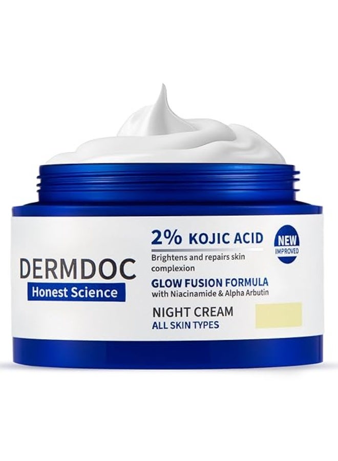 DERMDOC 2% Kojic Acid Glow Fusion Formula Night Cream with Niacinamide & Alpha Arbutin for Skin Brightening (50 gm) | Face Cream I Night Cream I Kojic Acid Brightening Cream I Glowing Skin - Image 1